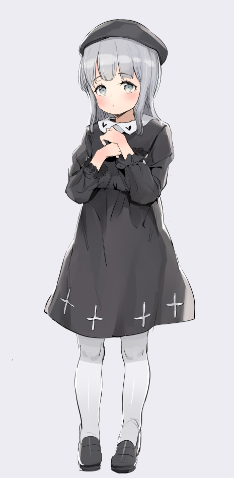 1girl atage black_dress black_footwear black_headwear blush commentary dress full_body grey_eyes grey_hair hands_up hat long_sleeves looking_at_viewer original pantyhose parted_lips shoes simple_background solo standing white_background white_legwear