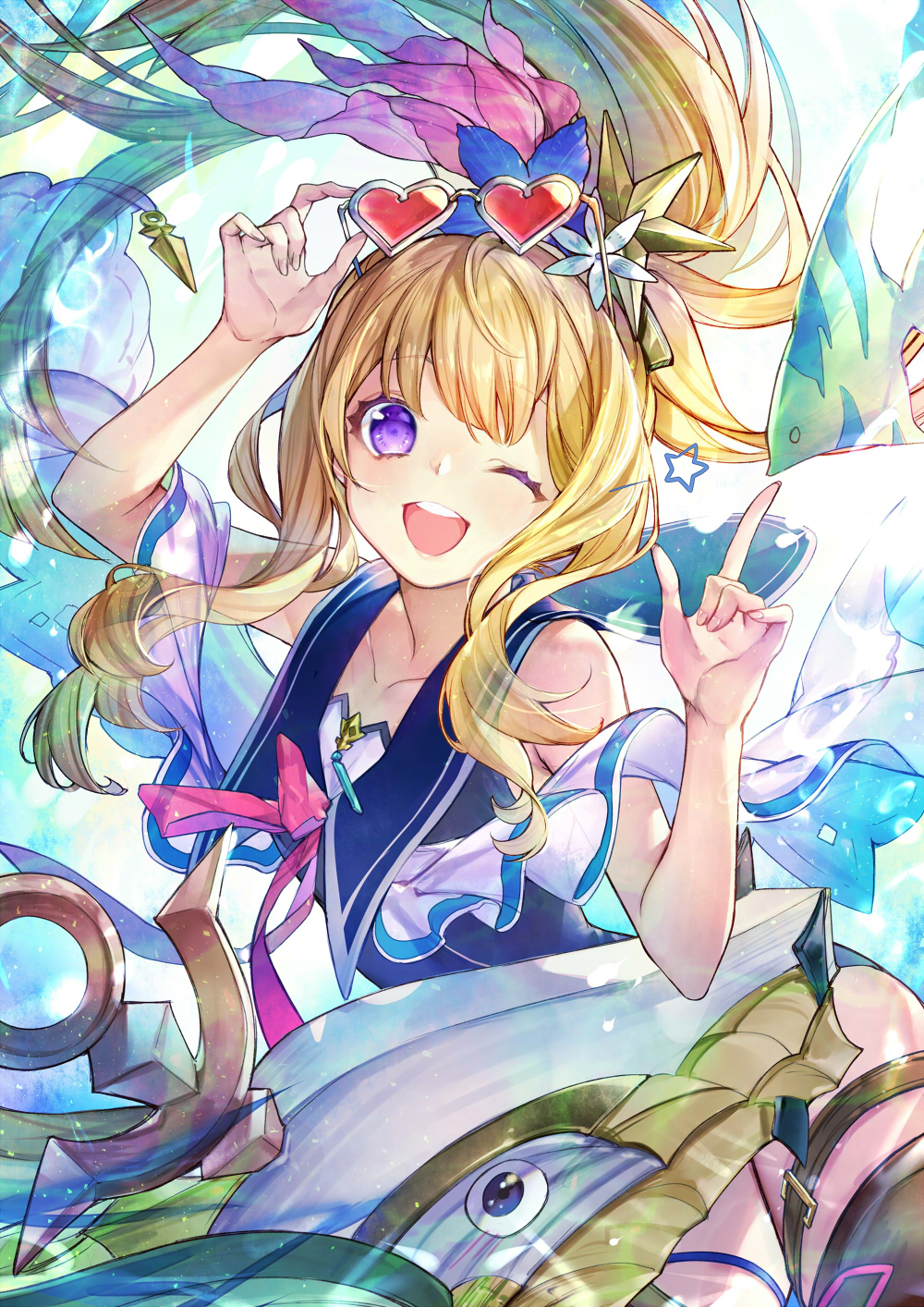 1girl achan_(blue_semi) adjusting_eyewear angelfish bangs blonde_hair blue_swimsuit cagliostro_(granblue_fantasy) dragon eyewear_on_head fish flower granblue_fantasy hair_flower hair_ornament heart heart-shaped_eyewear highres index_finger_raised long_hair one-piece_swimsuit one_eye_closed open_mouth pink_ribbon ponytail ribbon sailor_collar sidelocks solo star_(symbol) swimsuit upper_teeth violet_eyes