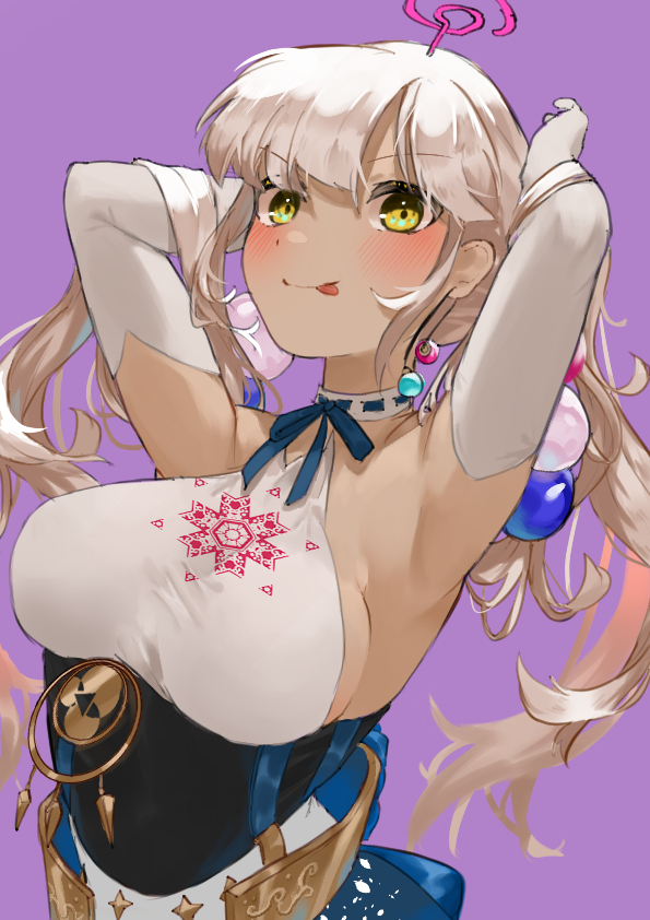 1girl :p armpits arms_behind_head arms_up backless_outfit blue_skirt blush breasts dark-skinned_female dark_skin elbow_gloves eyebrows_visible_through_hair gloves hair_ornament halter_top halterneck hololive hololive_english large_breasts light_brown_hair limiter_(tsukumo_sana) long_hair looking_at_viewer overskirt planet_hair_ornament sideboob sidelocks skin_tight skirt smile solo takeno_omoti tongue tongue_out tsukumo_sana twintails underbust v-shaped_eyebrows virtual_youtuber white_gloves yellow_eyes