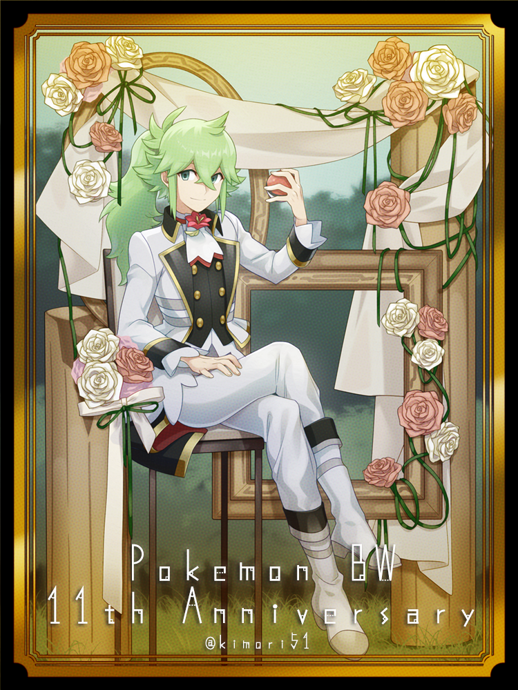 1boy anniversary bangs boots buttons chair closed_mouth commentary_request crossed_legs flower green_hair hair_between_eyes hand_on_own_thigh hand_up holding holding_poke_ball jabot jacket long_hair long_sleeves male_focus n_(pokemon) nagiru official_alternate_costume pants poke_ball pokemon pokemon_(game) pokemon_masters_ex sitting smile solo white_footwear white_jacket white_neckwear white_pants