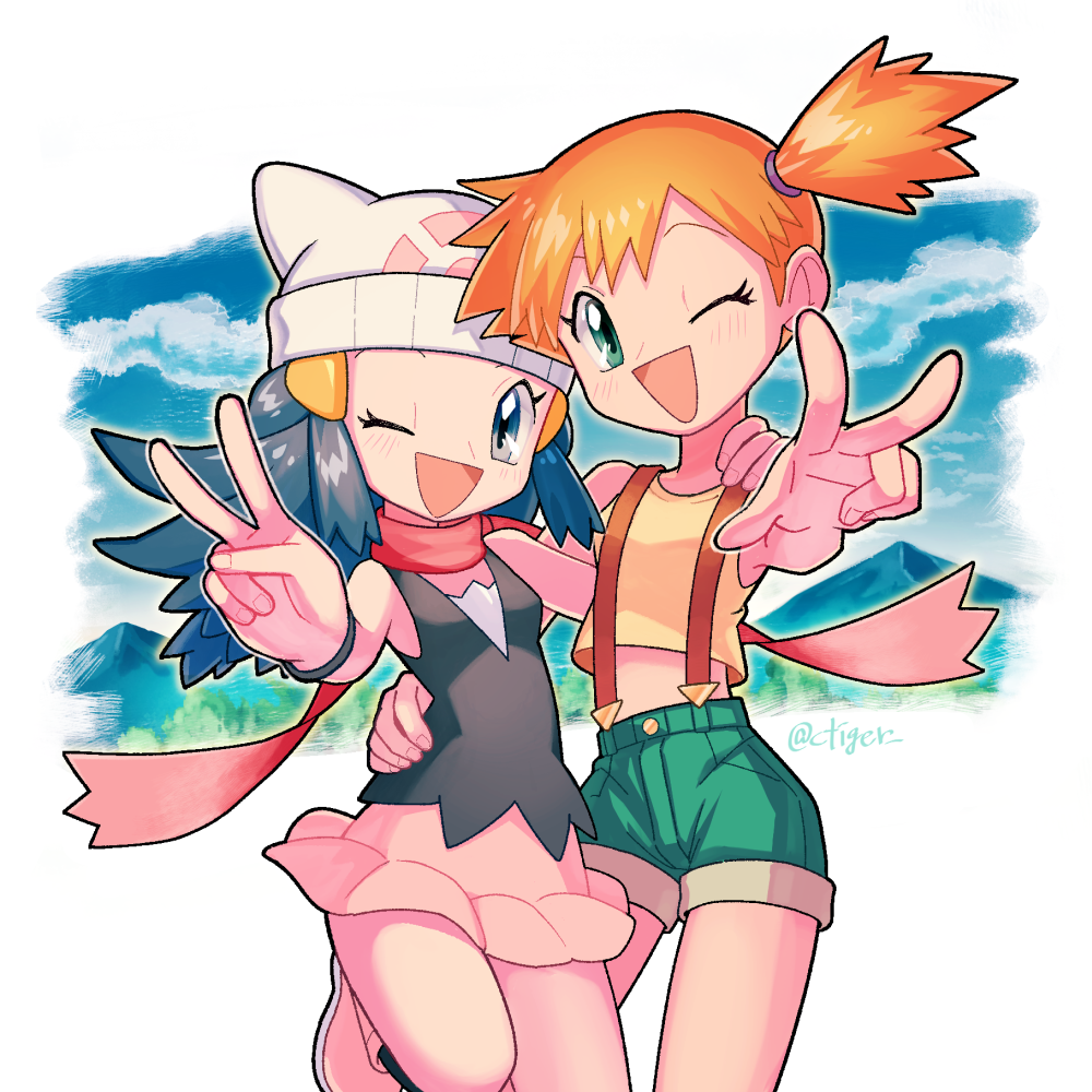 2girls :d beanie blue_eyes blue_hair boots breasts commentary commentary_request cowboy_shot hikari_(pokemon) green_eyes hair_ornament hand_on_another's_hip hand_on_another's_shoulder hat knee_up long_hair looking_at_viewer misty_(pokemon) multiple_girls one_eye_closed open_mouth orange_hair pink_footwear pokemon pokemon_(anime) scarf short_hair shorts side_ponytail skirt smile suspender_shorts suspenders torachika_(gichi2_necktie) v