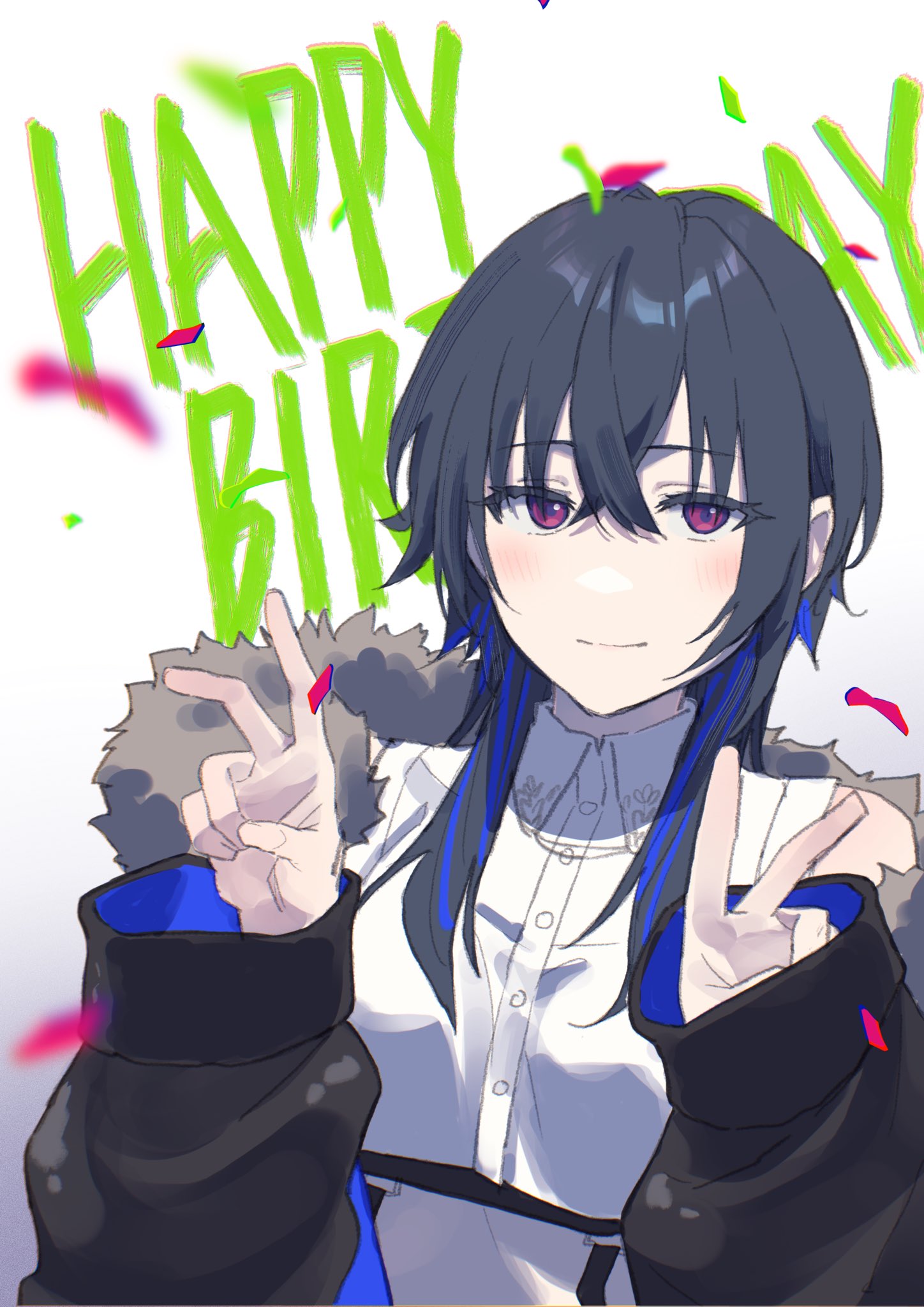 1girl black_coat breasts closed_mouth coat collared_shirt confetti crossed_bangs double_v fur-trimmed_coat fur_trim hands_up happy_birthday highres ichinose_uruha long_hair looking_at_viewer lupinus_virtual_games no_nose open_clothes open_coat shirt sidelocks sleeveless sleeveless_shirt small_breasts smile solo upper_body v violet_eyes virtual_youtuber vspo! white_shirt zakki3939