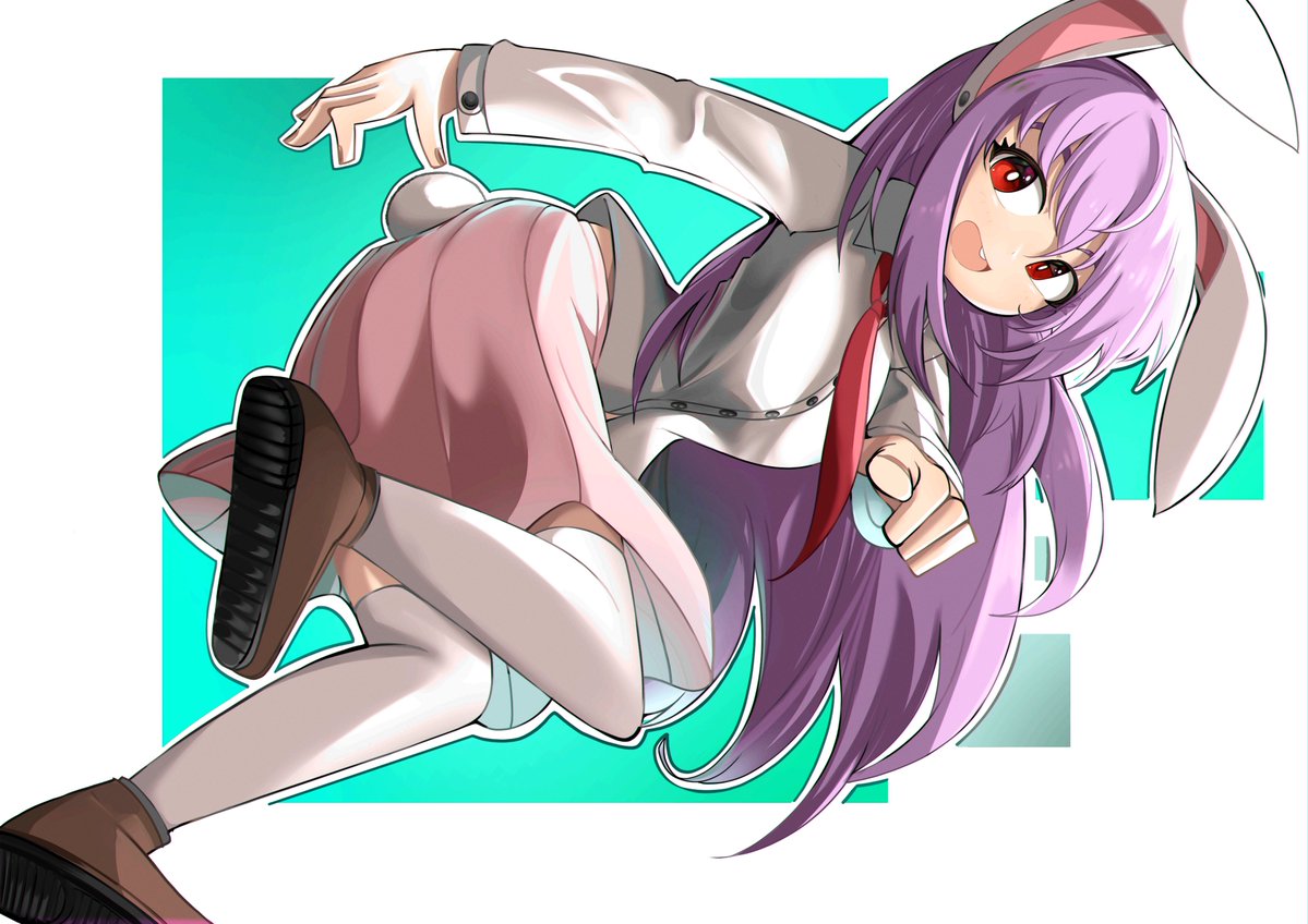 1girl :d animal_ears ass bangs blue_background breasts bright_pupils brown_footwear buck_teeth eyebrows_behind_hair from_behind large_breasts long_hair necktie open_mouth outline pink_skirt purple_hair rabbit_ears rabbit_tail red_eyes red_neckwear reisen_udongein_inaba round_teeth shirt simple_background skirt smile solo spam_(spamham4506) tail teeth thigh-highs touhou twisted_torso upper_teeth very_long_hair white_background white_legwear white_outline white_pupils white_shirt wing_collar