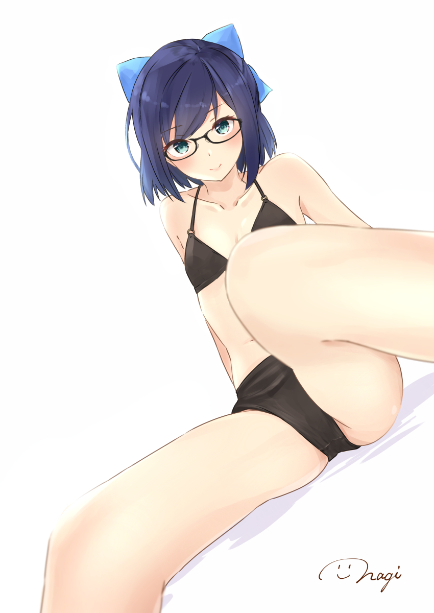 1girl a-chan_(hololive) aqua_eyes arm_support arms_behind_back bikini black-framed_eyewear black_bikini blue_bow blue_hair blurry blush bow breasts collarbone cropped_legs depth_of_field dutch_angle glasses hair_bow highres hololive legs_apart looking_at_viewer nagi_(shunsuke-manage) short_hair signature simple_background sitting small_breasts smile solo swimsuit thighs virtual_youtuber white_background