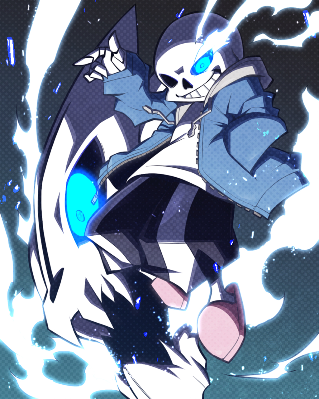 1boy commentary fire flaming_eye gasterblaster glowing glowing_eye greyscale hand_in_pocket highres hood hooded_jacket hoodie jacket jin_(mugenjin) looking_at_viewer monochrome sans shorts skeleton skull slippers smile smoke solo sparks undertale