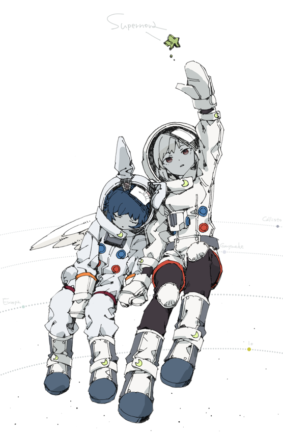 2girls alternate_costume animal_ears arm_up asahi_(uwa) bangs blue_hair closed_eyes commentary_request crescent english_text full_body helmet holding_hands kishin_sagume leaning_on_person multiple_girls orbit rabbit_ears seiran_(touhou) single_wing spacesuit star_(symbol) touhou white_background wings