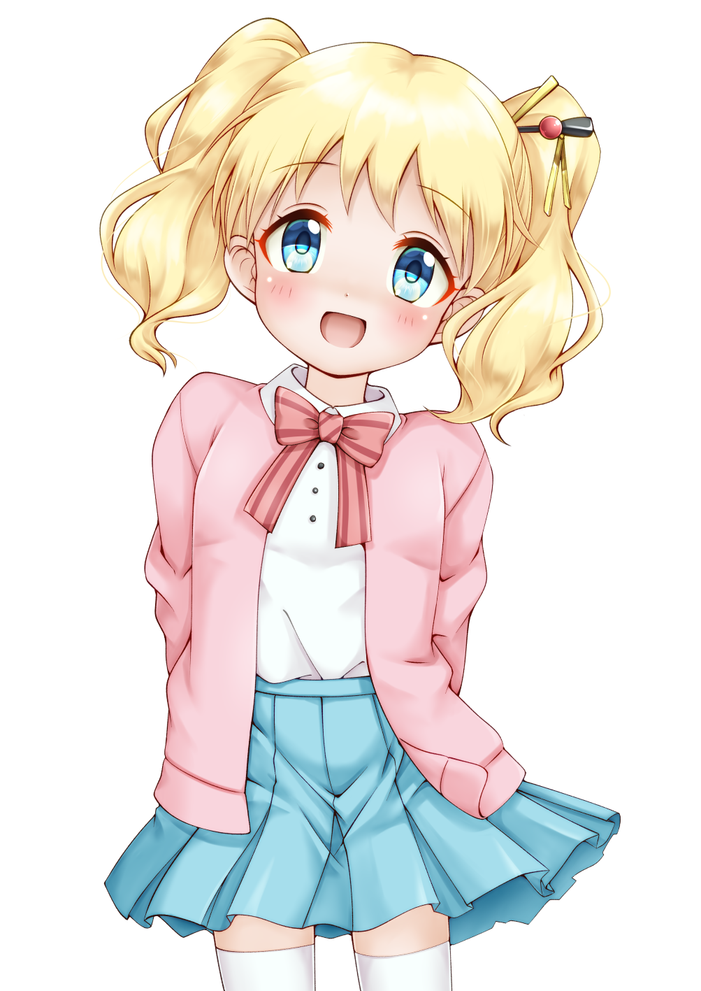 1girl :d alice_cartelet bangs blonde_hair blue_eyes blue_skirt blush bow collared_shirt eyebrows_visible_through_hair head_tilt highres jacket kin-iro_mosaic open_clothes open_jacket open_mouth pink_bow pink_jacket pleated_skirt regular_mow shirt simple_background skirt smile solo striped striped_bow thigh-highs twintails white_background white_legwear white_shirt