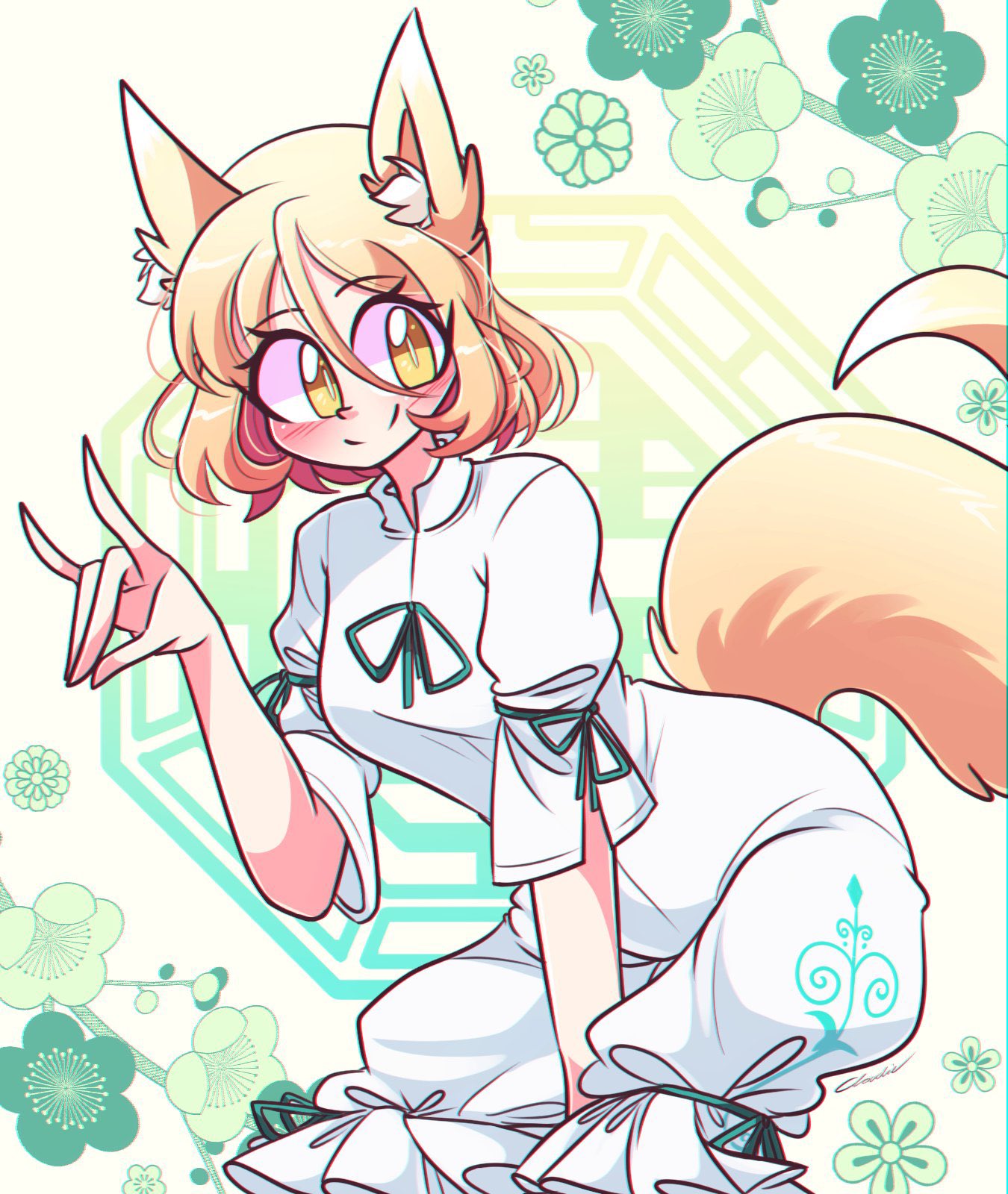 1girl animal_ear_fluff animal_ears bangs blonde_hair blush breasts cropped_legs english_commentary eyebrows_visible_through_hair floral_background fox_ears fox_shadow_puppet fox_tail green_background green_ribbon hair_between_eyes highres jumpsuit kudamaki_tsukasa littlecloudie looking_to_the_side medium_breasts octagon ribbon slit_pupils smile solo squatting tail touhou white_jumpsuit white_sleeves yellow_eyes