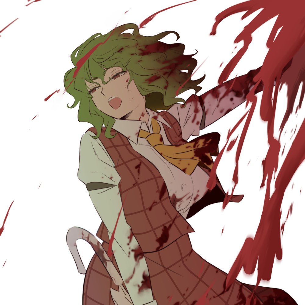 1girl arm_garter ascot blood blood_on_clothes blood_on_face blood_splatter breasts cropped_legs eyebrows_visible_through_hair green_hair hair_between_eyes holding holding_umbrella kazami_yuuka large_breasts long_sleeves looking_to_the_side open_mouth parasol plaid plaid_skirt plaid_vest red_eyes shirt short_hair shundou_heishirou simple_background skirt solo touhou umbrella upper_teeth vest white_background white_shirt yellow_neckwear