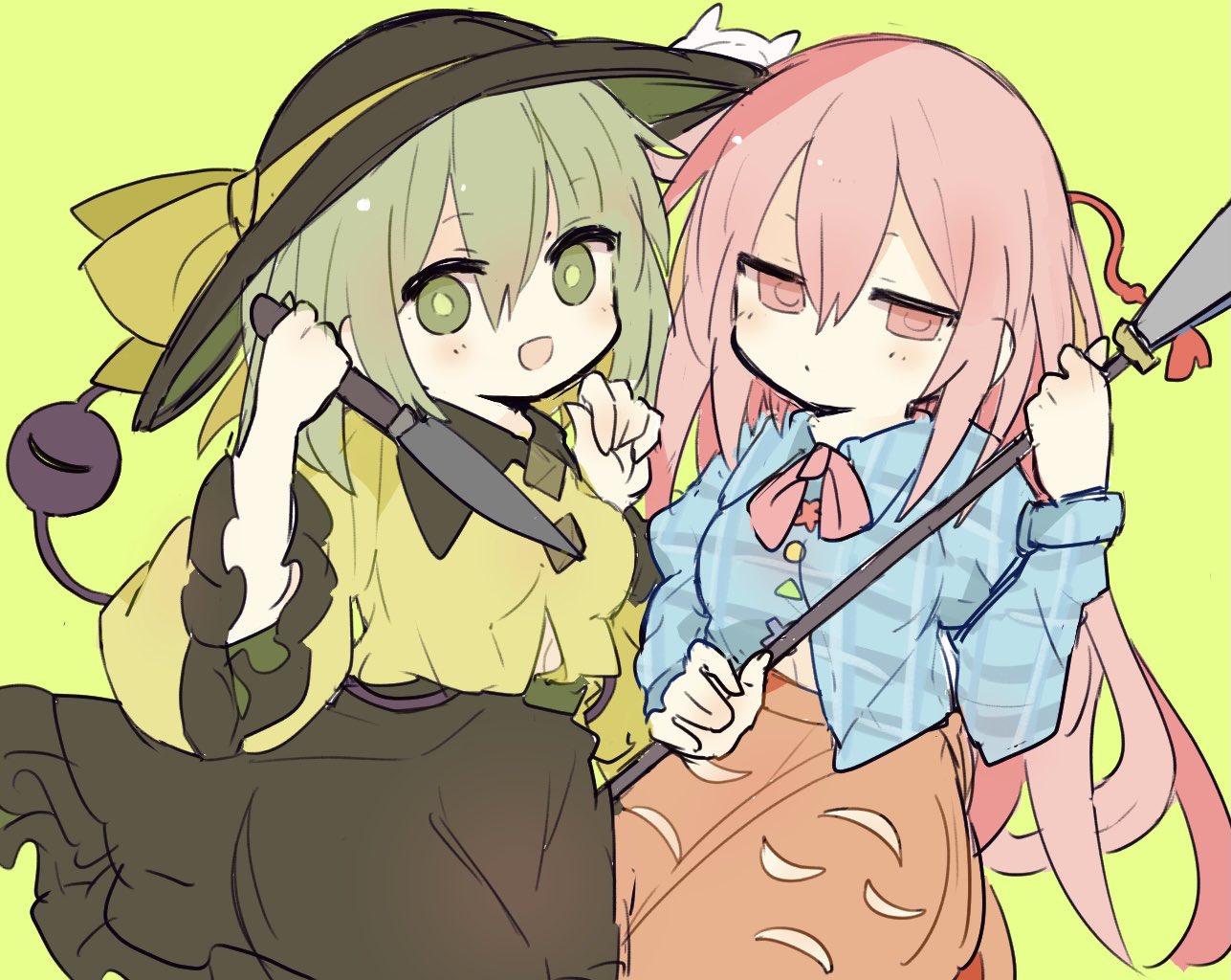 2girls 76gpo :/ :d bangs black_headwear blue_shirt blush bow breasts bright_pupils closed_mouth clothing_cutout eyebrows_visible_through_hair feet_out_of_frame frills green_background green_eyes green_hair hair_between_eyes hand_up hands_up hat hat_bow hata_no_kokoro holding holding_knife holding_polearm holding_spear holding_weapon jitome knife komeiji_koishi long_sleeves looking_at_viewer mask mask_on_head medium_breasts multiple_girls open_mouth orange_skirt pink_bow pink_eyes pink_hair pink_neckwear plaid plaid_shirt polearm shirt short_hair simple_background skirt smile spear third_eye touhou weapon wide_sleeves wing_collar yellow_bow yellow_shirt