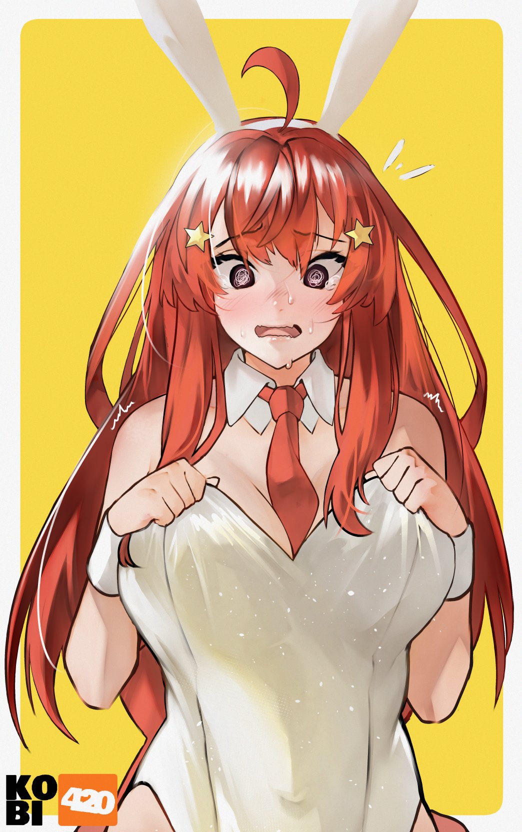 1girl @_@ ahoge animal_ears bangs breasts detached_collar embarrassed eyebrows_visible_through_hair fake_animal_ears go-toubun_no_hanayome hair_ornament highres kobi420 large_breasts leotard long_hair nakano_itsuki necktie playboy_bunny rabbit_ears red_neckwear redhead solo star_(symbol) star_hair_ornament sweat sweating_profusely violet_eyes white_leotard wrist_cuffs