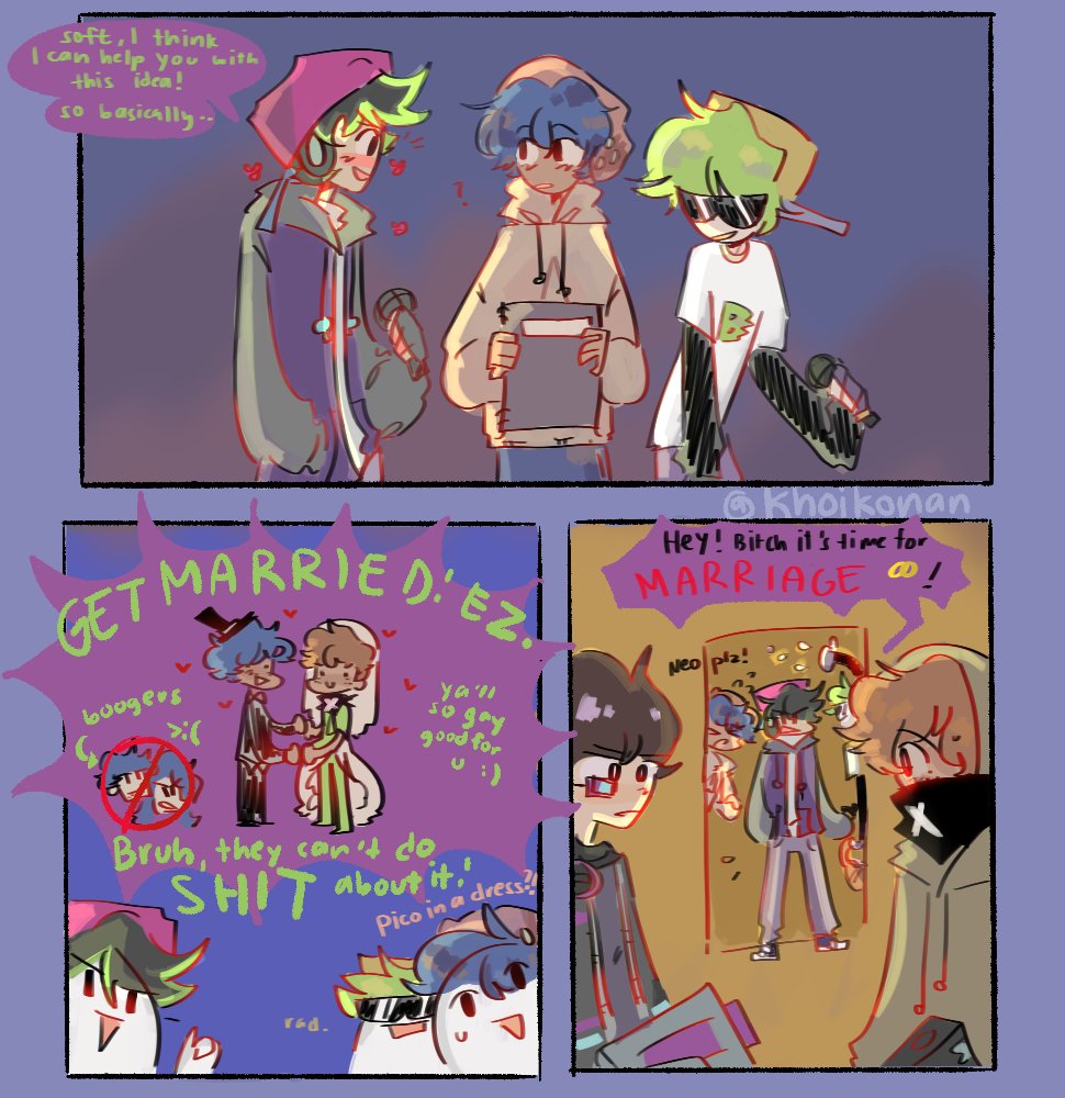 3koma 5boys ? alternate_universe bandana bandana_over_mouth black_bandana black_hair blue_hair blush boyfriend_(friday_night_funkin') comic dual_persona english_commentary english_text father_fairest friday_night_funkin' friday_night_funkin'_b3_remixed friday_night_funkin'_neo friday_night_funkin'_soft green_hair gun hat heart holding holding_microphone khoikonan microphone mother_mairest multicolored_hair notebook open_mouth orange_hair pico_(pico's_school) smile suit sweat yaoi