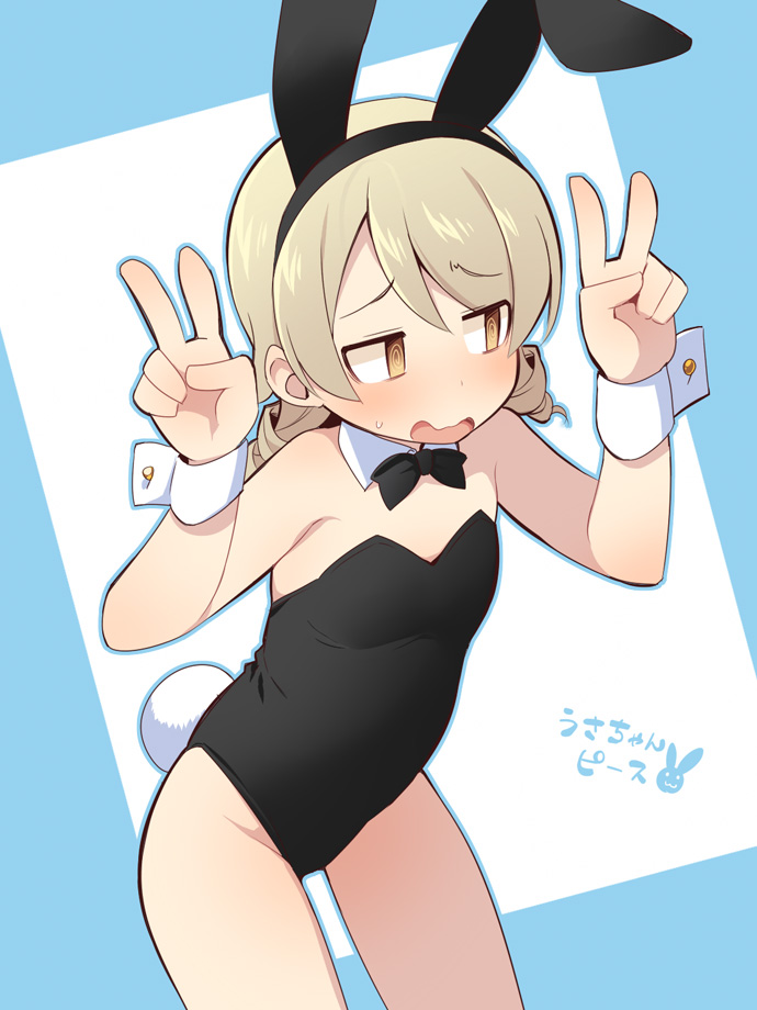 1girl @_@ animal_ears bangs bare_shoulders black_bow black_hairband black_leotard blue_background blush bow bowtie breasts brown_eyes brown_hair collar detached_collar double_v eyebrows_visible_through_hair fake_animal_ears hair_between_eyes hairband hands_up idolmaster idolmaster_cinderella_girls leotard long_hair looking_away looking_to_the_side morikubo_nono open_mouth playboy_bunny rabbit_ears rabbit_tail ringlets small_breasts solo strapless strapless_leotard sweat tail translation_request two-tone_background uccow v wavy_mouth white_background white_collar wing_collar wrist_cuffs