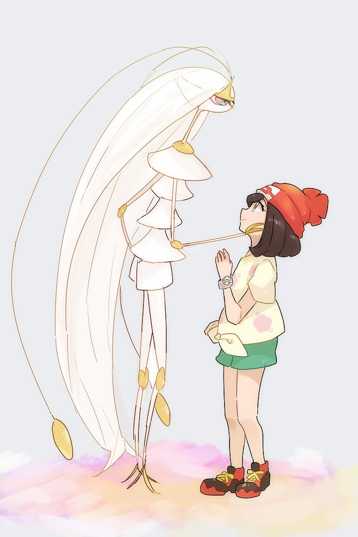 1girl beanie bracelet brown_hair chiimako closed_mouth commentary_request eye_contact eyelashes from_side green_eyes green_shorts hat jewelry looking_at_another medium_hair orange_headwear pheromosa pokemon pokemon_(creature) pokemon_(game) pokemon_sm serena_(pokemon) shirt shoes short_shorts short_sleeves shorts smile sneakers standing tied_shirt ultra_beast yellow_shirt z-ring