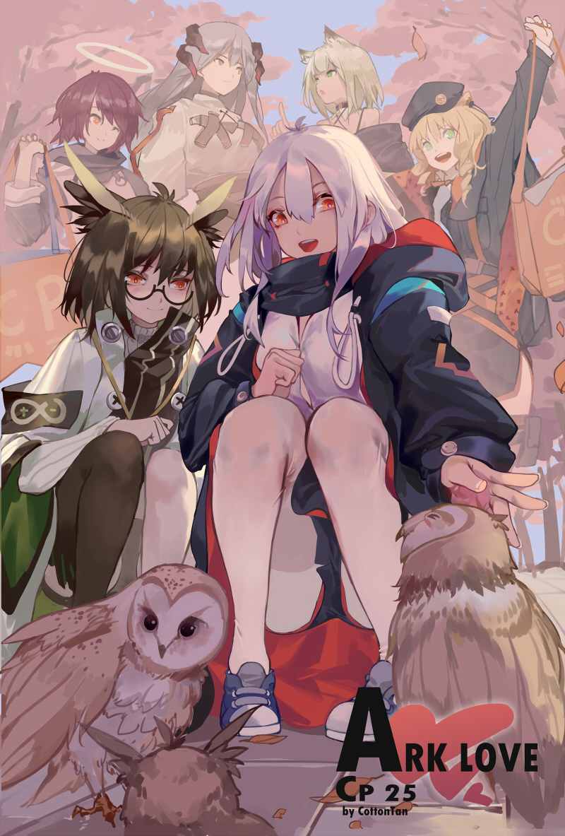 1girl 6+girls :d ahoge animal animal_ears arknights armband beret bird black_jacket black_legwear black_sleeves cat_ears chinese_commentary commentary_request cotton cover cover_page doujin_cover dragon_horns drill_hair exusiai_(arknights) green_eyes green_hair grey_hair hair_between_eyes halo hand_on_head hat horns jacket long_hair multiple_girls open_clothes open_jacket open_mouth orange_eyes orange_hair owl owl_ears red_eyes redhead rhine_lab_logo semi-rimless_eyewear short_hair single_thighhigh smile squatting thigh-highs tiger_ears twin_drills under-rim_eyewear white_jacket