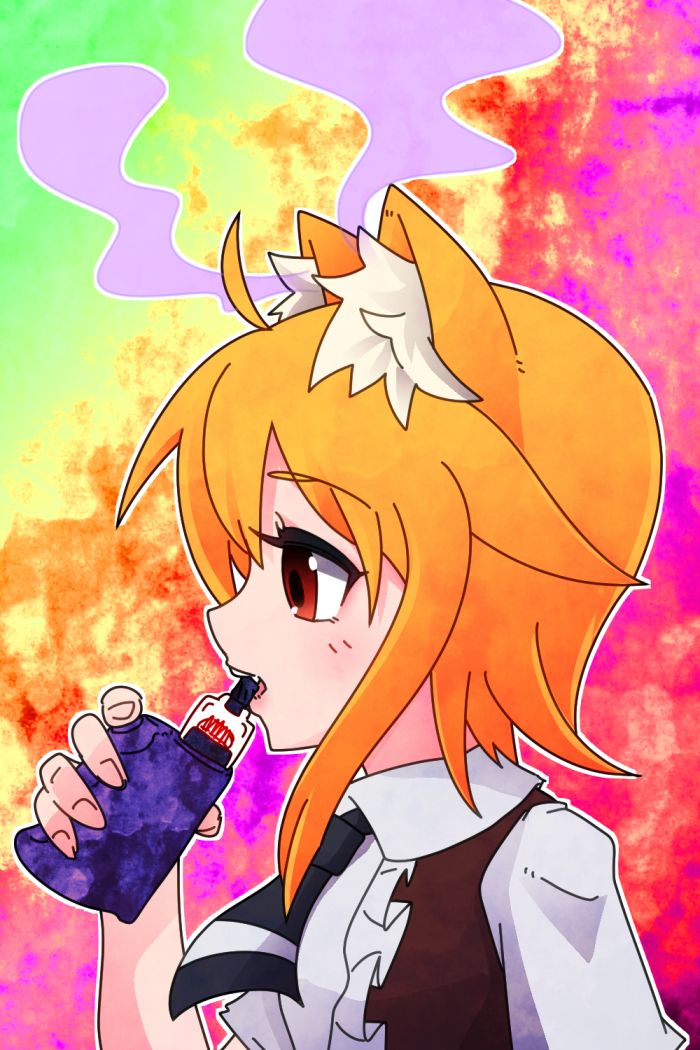 1girl animal_ear_fluff animal_ears asymmetrical_hair bangs black_neckwear blonde_hair brown_vest collared_shirt commentary_request cookie_(touhou) electronic_cigarette eyebrows_visible_through_hair fox_ears fox_girl medium_hair miramikaru_riran multicolored multicolored_background necktie open_mouth profile red_eyes shirt short_sleeves sidelocks solo upper_body vaping vest white_shirt yan_pai