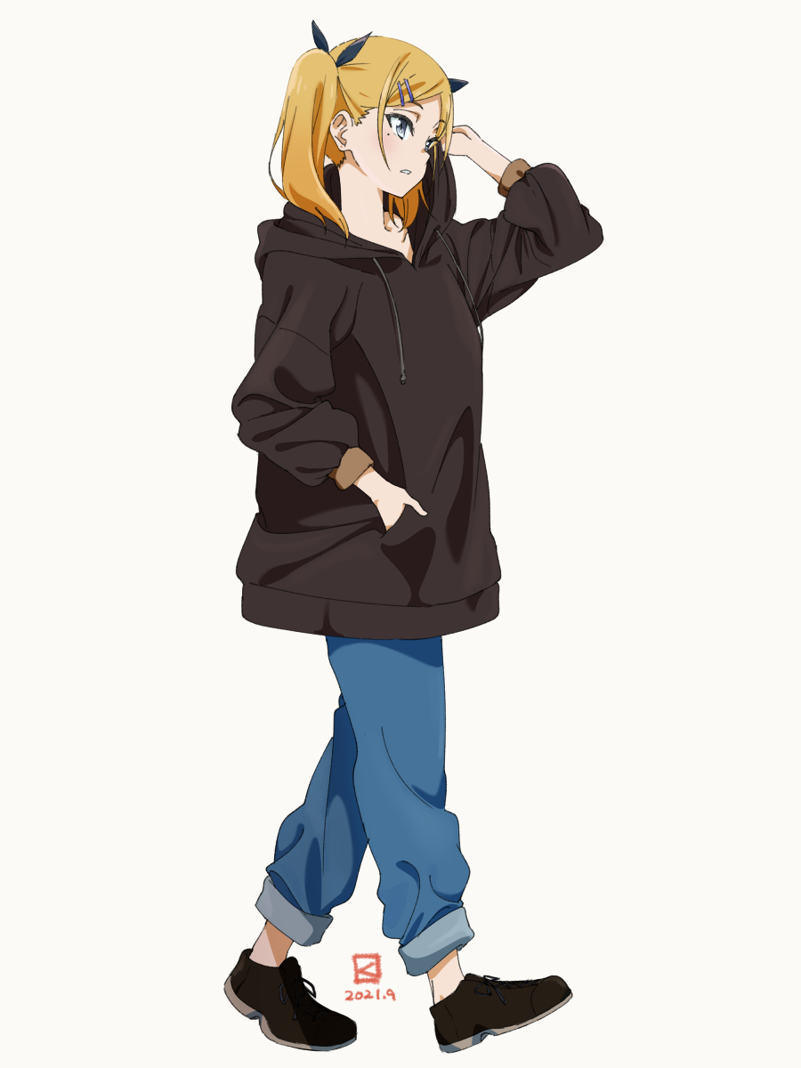 1girl adjusting_clothes artist_logo bangs black_hoodie black_ribbon blonde_hair blue_eyes blue_pants blush brown_footwear casual commentary cross-laced_footwear dated denim from_side full_body grey_background hair_ornament hair_ribbon hairclip hand_in_pocket highres hood hoodie jeans long_sleeves medium_hair miyahara_takuya mole mole_under_eye pants parted_bangs parted_lips profile ribbon shirobako shoes simple_background solo twintails walking yano_erika