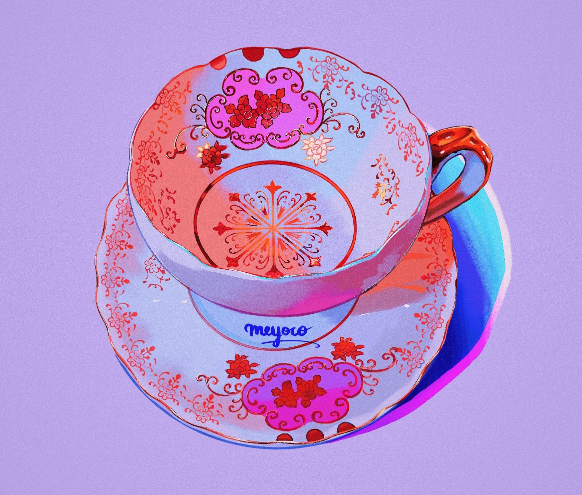 cup meyoco no_humans original photo-referenced plate purple_background shadow signature simple_background teacup
