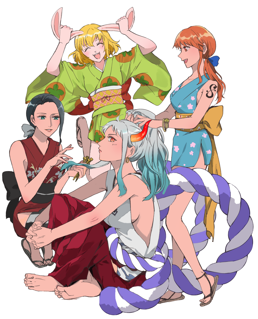 4girls ^_^ akmn animal_nose aqua_eyes arms_up bare_arms bare_legs bare_shoulders barefoot black_hair blonde_hair bow breasts carrot_(one_piece) closed_eyes closed_mouth crossed_legs curled_horns earrings furry furry_female green_eyes grey_hair hair_bow hakama hakama_pants hands_up height_difference highres holding horns japanese_clothes jewelry kimono knees_up log_pose long_hair looking_at_another looking_at_viewer medium_hair multicolored_hair multicolored_horns multiple_girls nami_(one_piece) nico_robin one_piece oni open_mouth orange_horns own_hands_together pants ponytail rabbit_girl red_eyes red_horns redhead rope sandals shimenawa short_kimono shoulder_tattoo sideboob simple_background sitting sleeveless sleeveless_kimono smile soles squatting standing tall_female tattoo tiptoes toes two-tone_hair white_background wide_sleeves yamato_(one_piece)