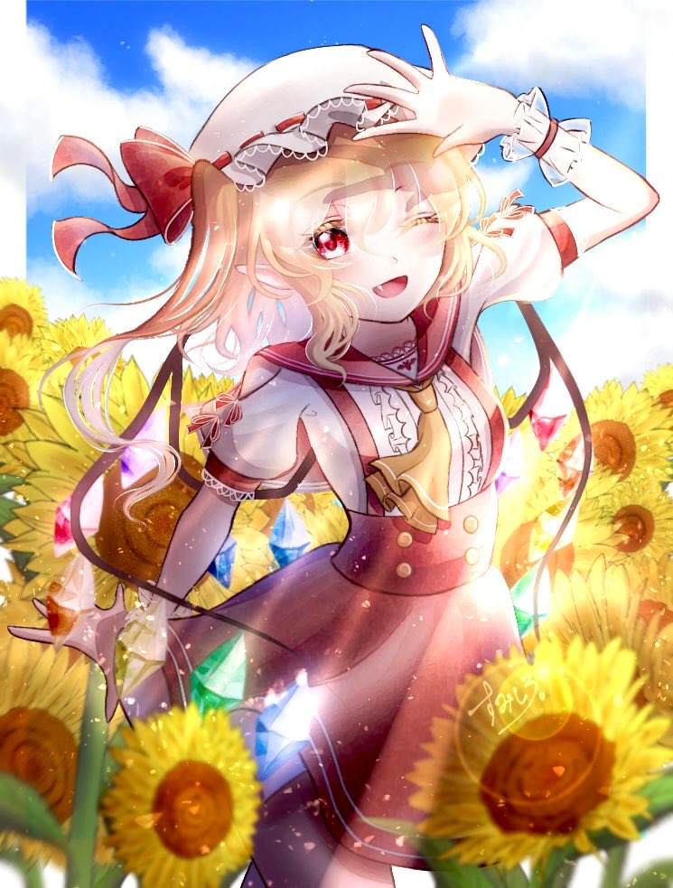 1girl :d adapted_costume arm_up ascot bangs blonde_hair blurry blurry_foreground boppaku_tama bow breasts center_frills clouds cloudy_sky commentary_request contrapposto cowboy_shot day depth_of_field dress eyebrows_visible_through_hair fang field flandre_scarlet flower flower_field frills hair_between_eyes hat hat_bow lens_flare light_rays looking_at_viewer medium_hair mob_cap one_eye_closed one_side_up open_mouth outdoors pillarboxed pointy_ears puffy_short_sleeves puffy_sleeves red_bow red_dress red_eyes short_sleeves signature sky small_breasts smile solo sunflower touhou white_headwear wrist_cuffs yellow_flower yellow_neckwear