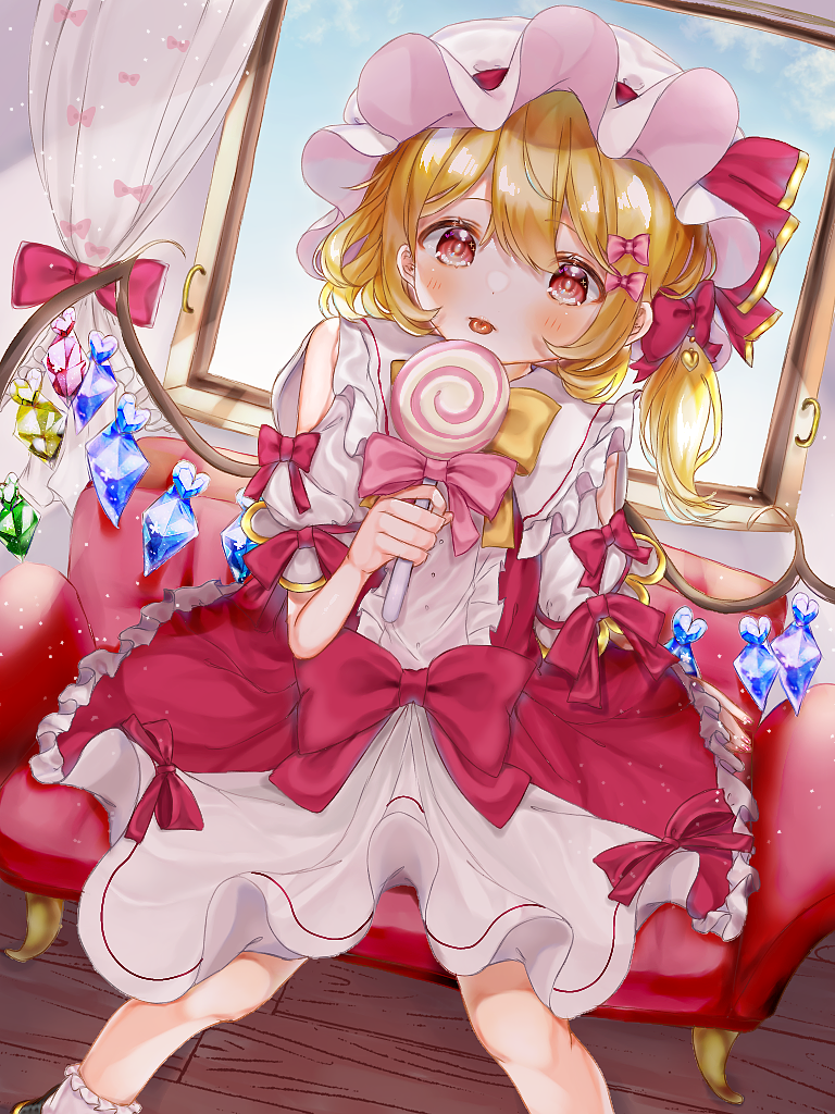 1girl :p alternate_costume bangs blonde_hair blush bow bowtie candy center_frills clothing_cutout commentary_request crystal day dress dutch_angle eyebrows_visible_through_hair feet_out_of_frame flandre_scarlet food frilled_shirt_collar frills gold_trim hat hat_bow holding holding_candy holding_food holding_lollipop indoors light_particles lollipop mob_cap nano_(nazuna0512) one_side_up puffy_short_sleeves puffy_sleeves red_bow red_eyes short_hair short_sleeves shoulder_cutout sitting solo swept_bangs tongue tongue_out touhou white_dress white_headwear window wings wooden_floor yellow_bow yellow_neckwear