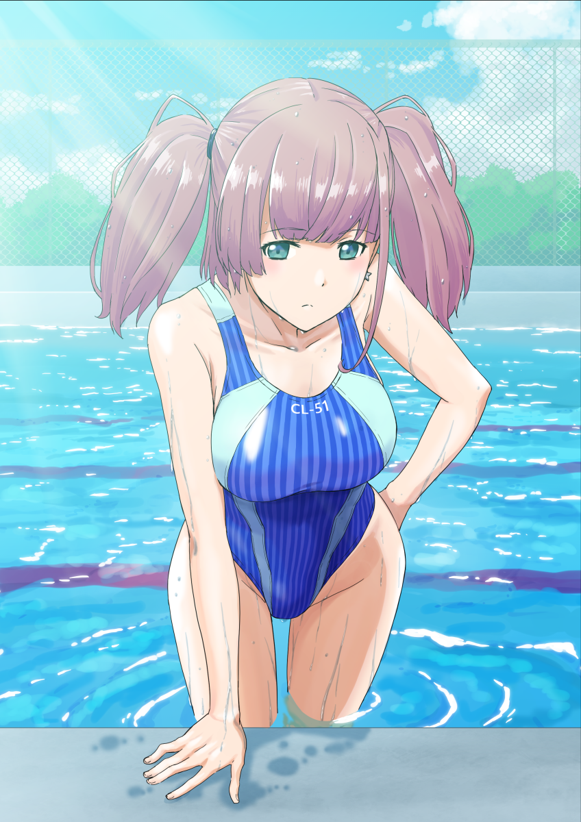 1girl atlanta_(kancolle) bangs blue_eyes blue_sky blue_swimsuit brown_hair chain-link_fence closed_mouth clouds cloudy_sky commentary competition_swimsuit cowboy_shot day earrings eyebrows_visible_through_hair fence frown hand_on_hip highres jewelry kantai_collection leaning_forward long_hair looking_at_viewer medium_hair mikan_29344886 one-piece_swimsuit outdoors pool sky solo standing star_(symbol) star_earrings swimsuit two_side_up wet