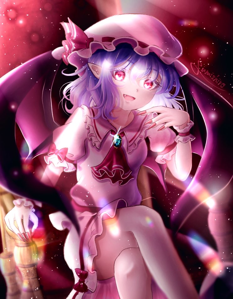 1girl :d artist_name ascot bangs blurry boppaku_tama breasts commentary_request crossed_legs depth_of_field dress eyebrows_visible_through_hair fang feet_out_of_frame frilled_shirt_collar frills glint hat hat_ribbon lens_flare light_particles looking_at_viewer medium_hair mob_cap on_chair open_mouth pink_dress pink_eyes pink_headwear puffy_short_sleeves puffy_sleeves purple_hair red_neckwear red_ribbon remilia_scarlet ribbon short_sleeves sitting small_breasts smile solo touhou wrist_cuffs