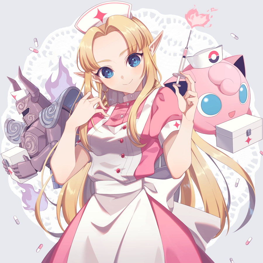 1girl apron armor bitikara blonde_hair blue_eyes box dress earrings hat jewelry jigglypuff long_hair looking_at_viewer nurse_cap pill pink_dress pointy_ears princess_zelda smile super_smash_bros. syringe triforce white_apron