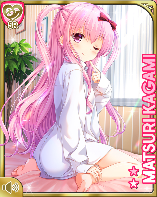 1girl ass barefoot bed blush bow character_name curtains dress_shirt feet from_behind girlfriend_(kari) hair_bow hand_on_own_cheek hand_on_own_face indoors kagami_matsuri long_hair looking_back naked_shirt no_pants official_art one_eye_closed pink_eyes pink_hair plant pointing pointing_at_self potted_plant qp:flapper ribbon shirt sitting sleeves_past_wrists smile soles solo toes two_side_up white_shirt window