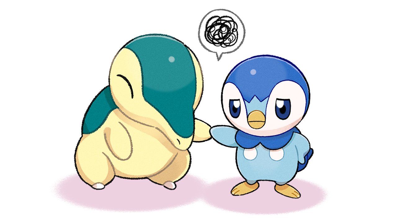 blue_eyes closed_eyes closed_mouth commentary_request cyndaquil holding_hands no_humans official_art piplup pokemon pokemon_(creature) project_pochama spoken_squiggle squiggle standing toes white_background