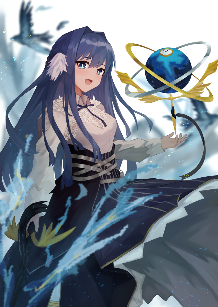 1girl arknights astesia_(arknights) astrolabe bangs bird blue_eyes blue_hair bright_pupils commentary_request dress eyebrows_behind_hair feather_hair hair_between_eyes hair_intakes holding holding_sword holding_weapon izumi_roka long_hair long_sleeves open_mouth solo sword weapon white_background