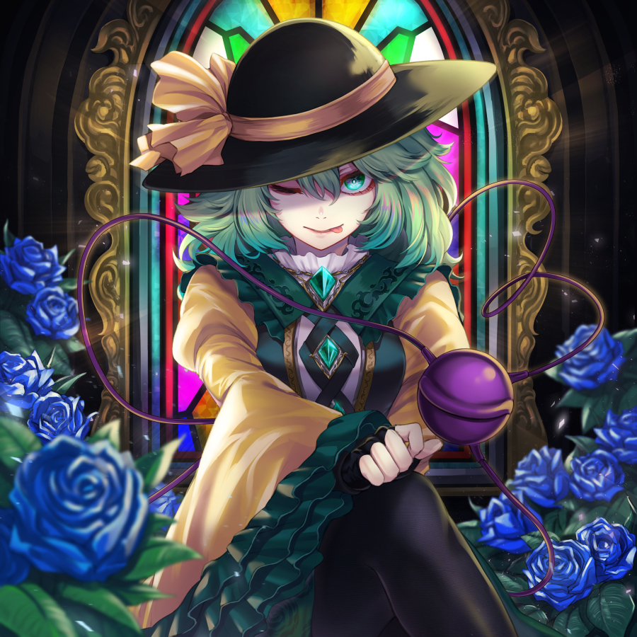 1girl adapted_costume bangs black_headwear black_legwear blue_flower blue_rose blurry bow breasts bright_pupils closed_mouth commentary_request crossed_legs depth_of_field embellished_costume floral_print flower frills green_eyes green_hair green_skirt hair_between_eyes hat hat_bow indoors komeiji_koishi light_rays long_sleeves medium_breasts medium_hair nostrils one_eye_closed pantyhose re_(re_09) rose shirt skirt solo stained_glass third_eye touhou wide_sleeves yellow_bow yellow_shirt