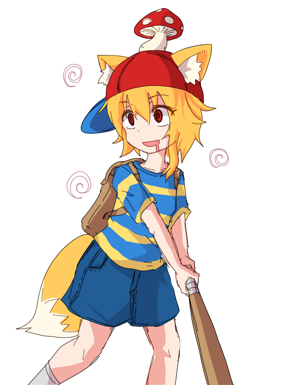 1girl @_@ animal_ears asymmetrical_hair backpack bag bangs baseball_bat baseball_cap blonde_hair blue_shirt blue_shorts commentary_request cookie_(touhou) cosplay eyebrows_visible_through_hair fang feet_out_of_frame fox_ears fox_girl fox_tail hair_between_eyes hat highres looking_to_the_side medium_hair miramikaru_riran mother_(game) mother_2 mouth_drool mushroom_on_head ness_(mother_2) ness_(mother_2)_(cosplay) open_mouth red_eyes red_headwear shirt short_hair shorts sidelocks simple_background socks striped striped_shirt t-shirt tail white_background white_legwear yan_pai yellow_shirt