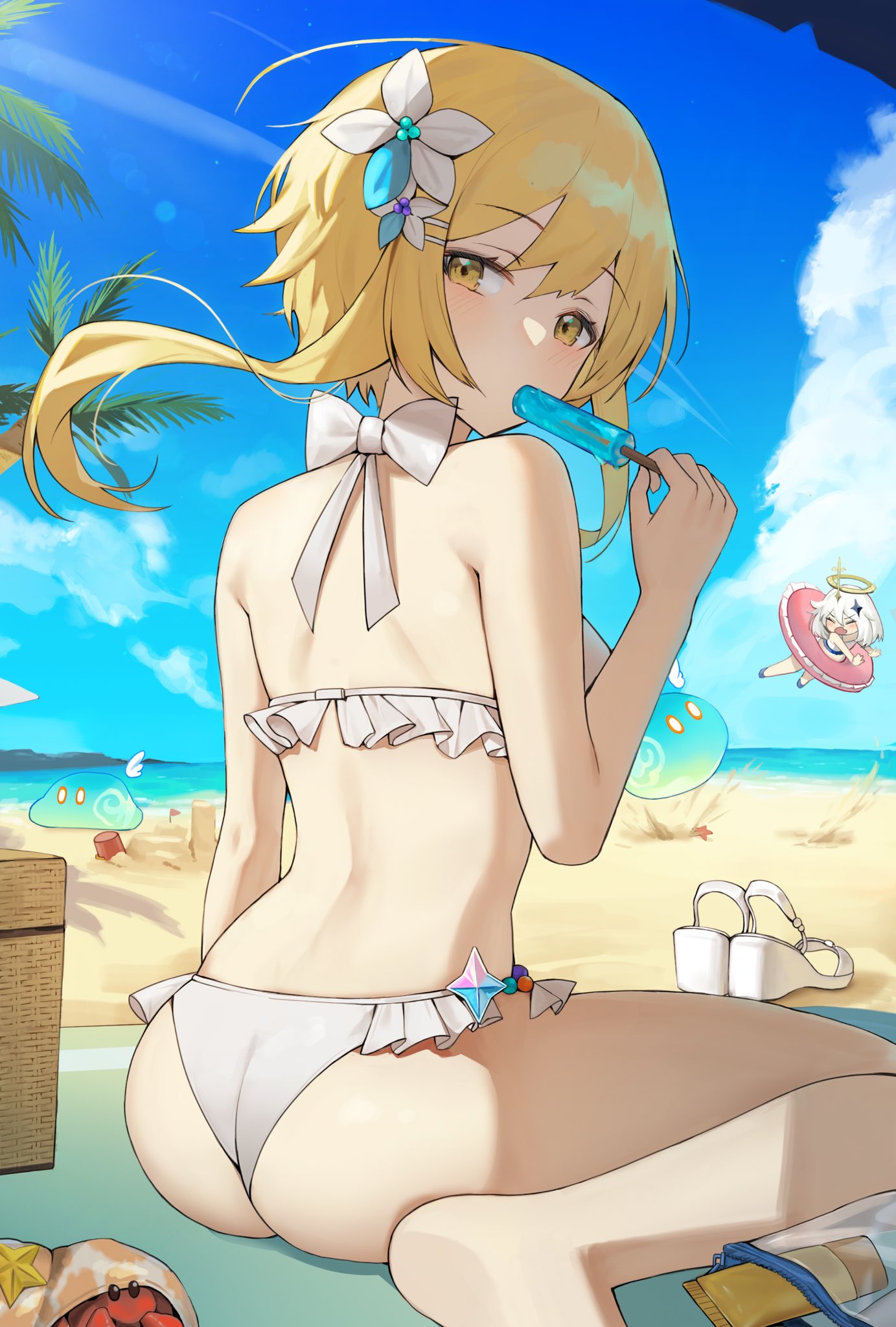 2girls bangs beach bikini blonde_hair blue_sky closed_eyes clouds commentary_request day eyebrows_visible_through_hair flower food genshin_impact hair_flower hair_ornament halo highres innertube looking_at_viewer looking_back lotion lotion_bottle lumine_(genshin_impact) multiple_girls ocean open_mouth outdoors paimon_(genshin_impact) parayang popsicle short_hair_with_long_locks sitting sky slime_(genshin_impact) sunscreen swimsuit white_bikini white_hair