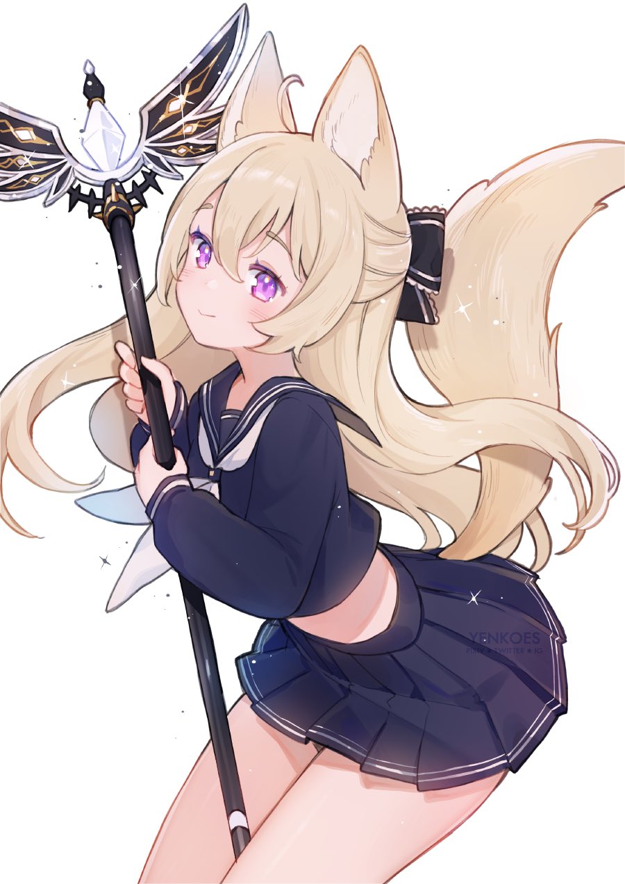 ahoge animal_ears artist_name between_legs black_bow blonde_hair blue_sailor_collar blue_serafuku blue_shirt blue_skirt blush bow commentary cowboy_shot cropped_shirt elin fox_ears fox_girl fox_tail hair_bow highres holding holding_staff long_hair looking_at_viewer midriff_peek neckerchief pleated_skirt sailor_collar shirt simple_background skirt smile staff symbol-only_commentary tail tail_through_clothes tera_online violet_eyes white_background white_neckwear yennineii