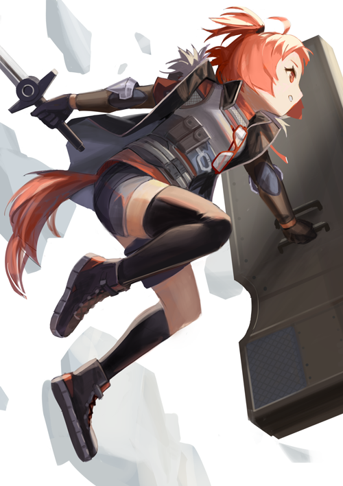 1girl arknights beagle_(arknights) beagle_(dreadnaught)_(arknights) black_footwear black_gloves black_jacket black_legwear blue_shorts commentary_request dog_tail full_body fur-trimmed_jacket fur_trim gloves grey_shirt holding holding_shield holding_sword holding_weapon jacket kegani_(kegani01) official_alternate_costume open_clothes open_jacket orange_eyes orange_hair orange_shirt shield shirt shoes short_hair short_twintails shorts sideways_glance solo sword tail thigh-highs twintails undershirt weapon white_background