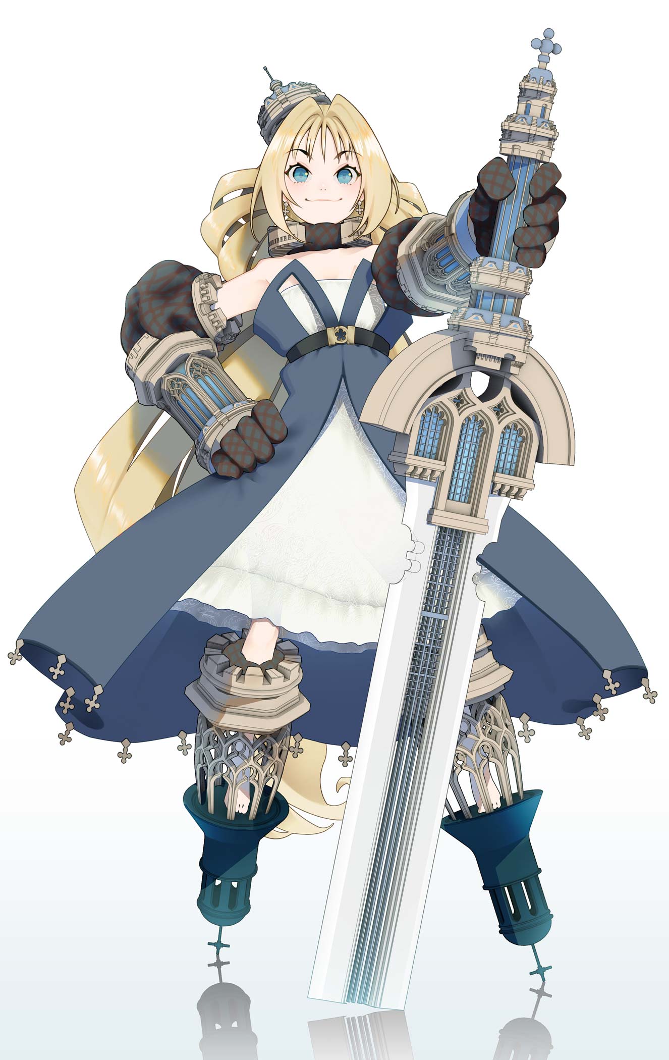 1girl bangs blonde_hair blue_eyes blush closed_mouth collar commentary_request cross dress elbow_gloves eyebrows_visible_through_hair full_body gloves hand_on_hip hat highres holding holding_sword holding_weapon long_hair looking_at_viewer original outstretched_arm reflection reflective_floor shiny shiny_hair shiomiya_iruka smile solo standing strapless strapless_dress sword themed_object very_long_hair weapon white_dress
