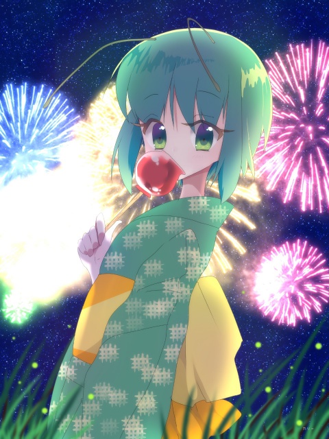 1girl alternate_costume antennae bangs bug candy_apple commentary cowboy_shot eyebrows_visible_through_hair eyes_visible_through_hair firefly fireworks food grass green_eyes green_hair green_kimono holding holding_food japanese_clothes kari_(atsuki_565) kimono looking_at_viewer looking_to_the_side night night_sky short_hair sky solo star_(sky) starry_sky touhou wriggle_nightbug yukata