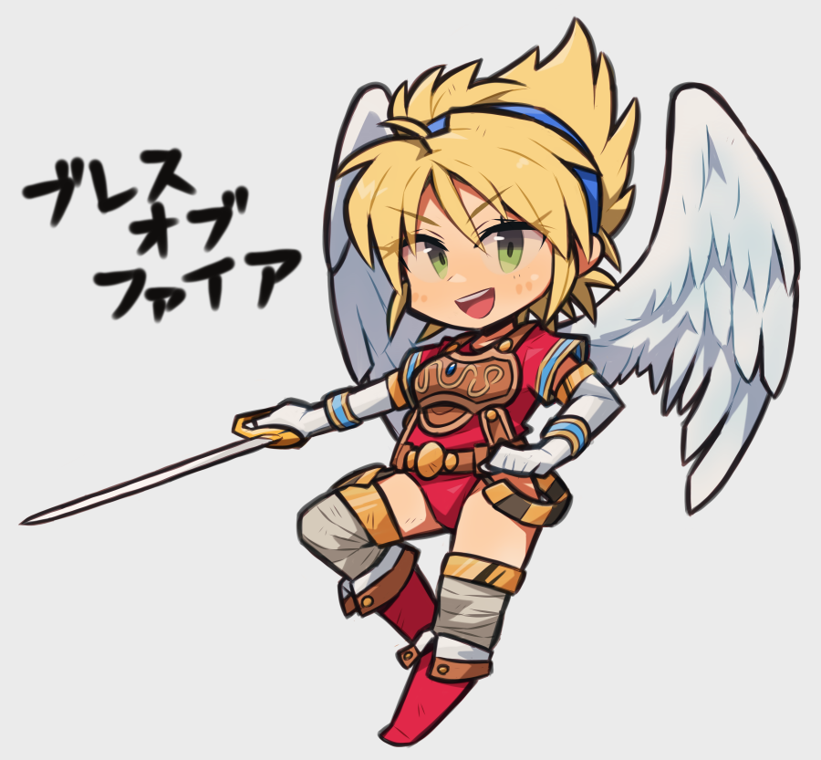 1girl angel_wings armor blonde_hair boots breath_of_fire breath_of_fire_i elbow_gloves feathered_wings gloves green_eyes hairband ibara. leotard looking_at_viewer nina_(breath_of_fire_i) open_mouth red_leotard short_hair simple_background smile solo sword thigh-highs weapon white_wings wings
