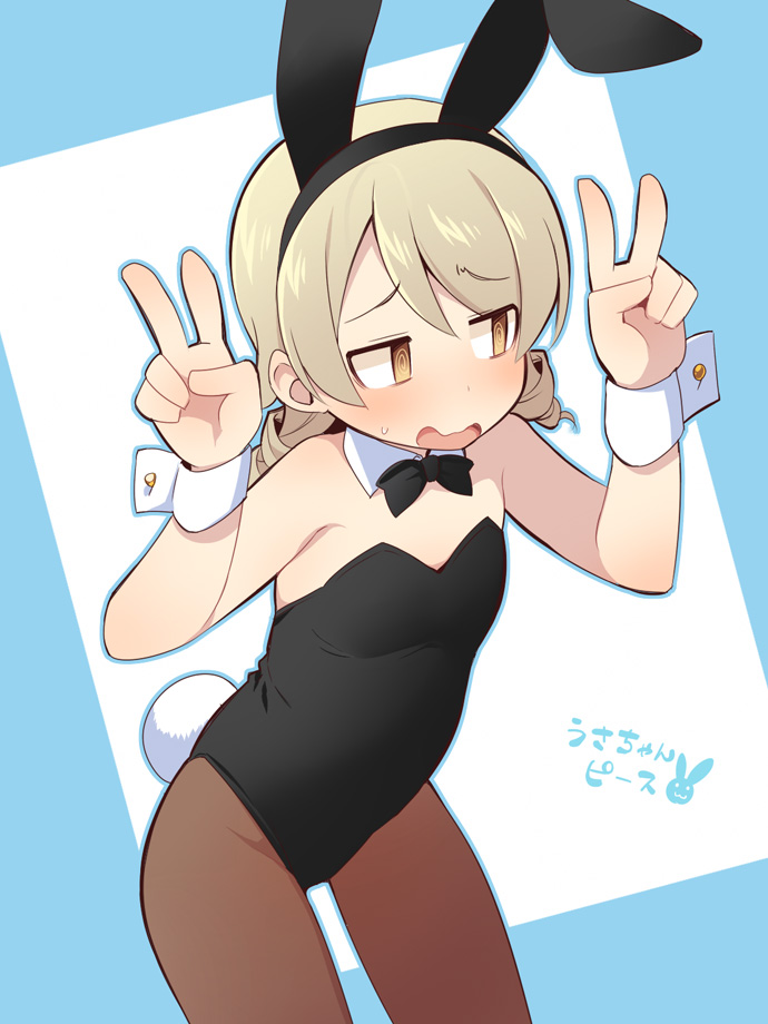 1girl @_@ animal_ears bangs bare_shoulders black_bow black_hairband black_leotard blue_background blush bow bowtie breasts brown_eyes brown_hair brown_legwear collar detached_collar double_v eyebrows_visible_through_hair fake_animal_ears hair_between_eyes hairband hands_up idolmaster idolmaster_cinderella_girls leotard long_hair looking_away looking_to_the_side morikubo_nono open_mouth pantyhose playboy_bunny rabbit_ears rabbit_tail ringlets small_breasts solo strapless strapless_leotard sweat tail translation_request two-tone_background uccow v wavy_mouth white_background white_collar wing_collar wrist_cuffs