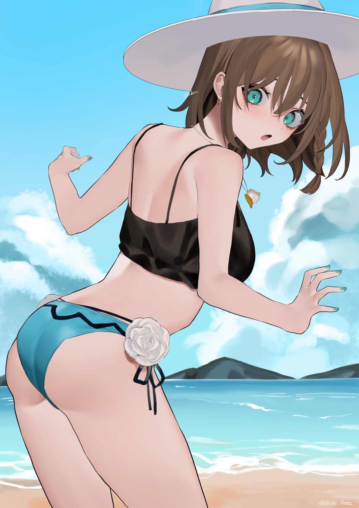 1girl ass back bangs beach bebe_pp bikini bikini_top black_bikini blue_bikini blue_sky braid breasts brown_hair charlotte_corday_(fate) charlotte_corday_(swimsuit_caster)_(fate) clouds commentary_request day ear_piercing fate/grand_order fate_(series) fingernails flower green_eyes green_nails hair_between_eyes hat highres jewelry looking_at_viewer medium_breasts mismatched_bikini mountain nail_polish open_mouth outdoors pendant piercing rose sand short_hair side_braid signature sky solo sun_hat swimsuit water white_flower white_headwear white_rose
