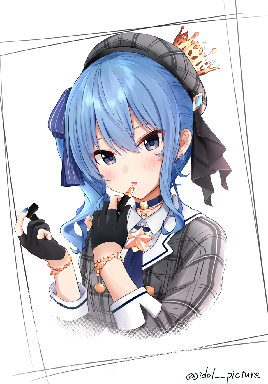 1girl applying_makeup bangs beret black_gloves blue_choker blue_eyes blue_hair blue_nails blush bracelet choker commentary_request cosmetics crown earrings ex_idol gloves grey_headwear grey_shirt hair_between_eyes hat highres holding holding_lipstick_tube hololive hoshimachi_suisei jewelry lipstick_tube long_hair long_sleeves looking_at_viewer nail_polish parted_lips partially_fingerless_gloves plaid plaid_headwear plaid_shirt shirt solo star_(symbol) star_choker star_earrings star_in_eye symbol_in_eye twitter_username virtual_youtuber white_background