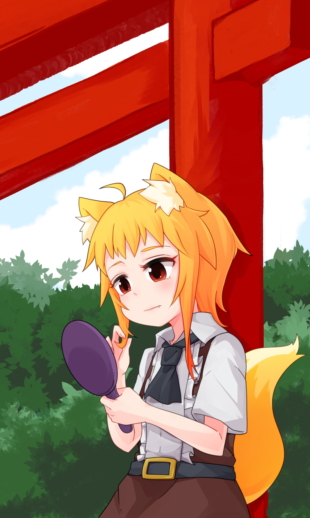 1girl ahoge animal_ear_fluff animal_ears bangs belt black_belt black_neckwear blonde_hair blue_sky blush brown_skirt brown_vest closed_mouth clouds collared_shirt commentary_request cookie_(touhou) cowboy_shot fox_ears fox_girl fox_tail highres holding holding_mirror medium_hair miramikaru_riran mirror necktie outdoors red_eyes shirt short_sleeves sidelocks skirt sky solo tail torii tree vest white_shirt yan_pai