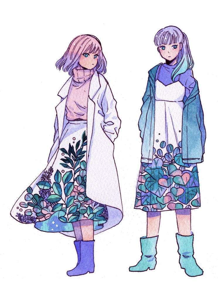 2girls aqua_eyes aqua_footwear aqua_hair bangs boots coat dress full_body gradient_hair hands_in_pockets leaf leaf_print long_hair long_skirt long_sleeves looking_at_viewer medium_hair meyoco multicolored_hair multiple_girls original pink_hair ponytail print_dress print_skirt purple_footwear purple_hair rubber_boots skirt standing sweater traditional_media turtleneck turtleneck_sweater watermark white_coat