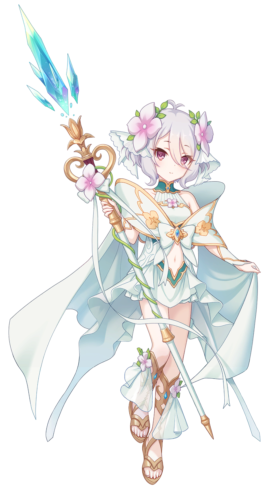 1girl flower full_body highres kokkoro_(princess_connect!) official_art princess_connect! red_eyes short_hair silver_hair solo standing tagme transparent_background weapon