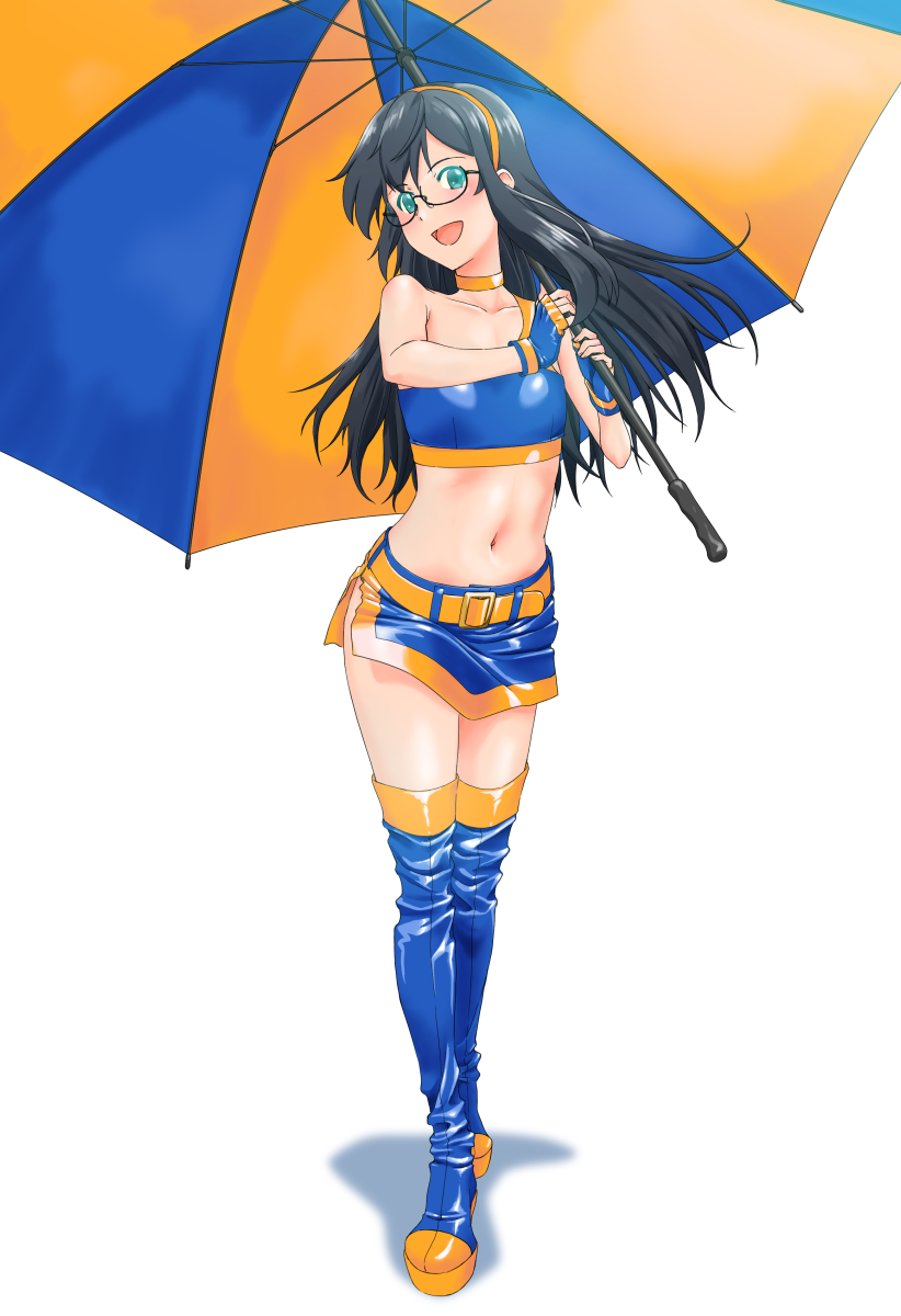1girl bangs black-framed_eyewear black_hair blue_eyes blue_footwear blue_gloves blue_shirt blue_skirt boots choker commentary crop_top fingerless_gloves full_body glasses gloves hairband head_tilt highres holding holding_umbrella kantai_collection long_hair looking_at_viewer microskirt midriff mikan_29344886 navel ooyodo_(kancolle) open_mouth orange_belt orange_choker orange_hairband racequeen semi-rimless_eyewear shadow shirt simple_background single_strap skirt smile solo standing thigh-highs thigh_boots umbrella under-rim_eyewear white_background