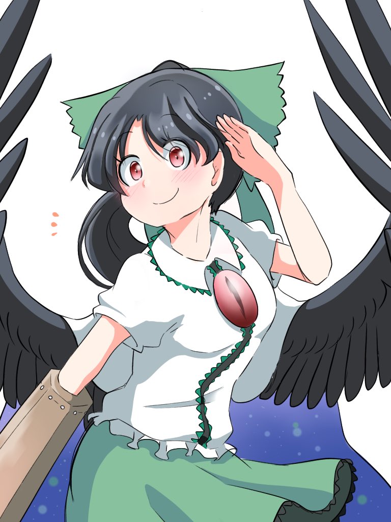 1girl arm_cannon arm_up bangs bird_wings black_hair black_wings blush bow breasts cape closed_mouth commentary_request cowboy_shot eyebrows_visible_through_hair eyes_visible_through_hair feathered_wings green_bow green_skirt hair_bow hand_up long_hair medium_breasts notice_lines one-hour_drawing_challenge puffy_short_sleeves puffy_sleeves red_eyes reiuji_utsuho shirt short_sleeves shumokugarasu simple_background skirt smile solo touhou weapon white_background white_cape white_shirt wing_collar wings