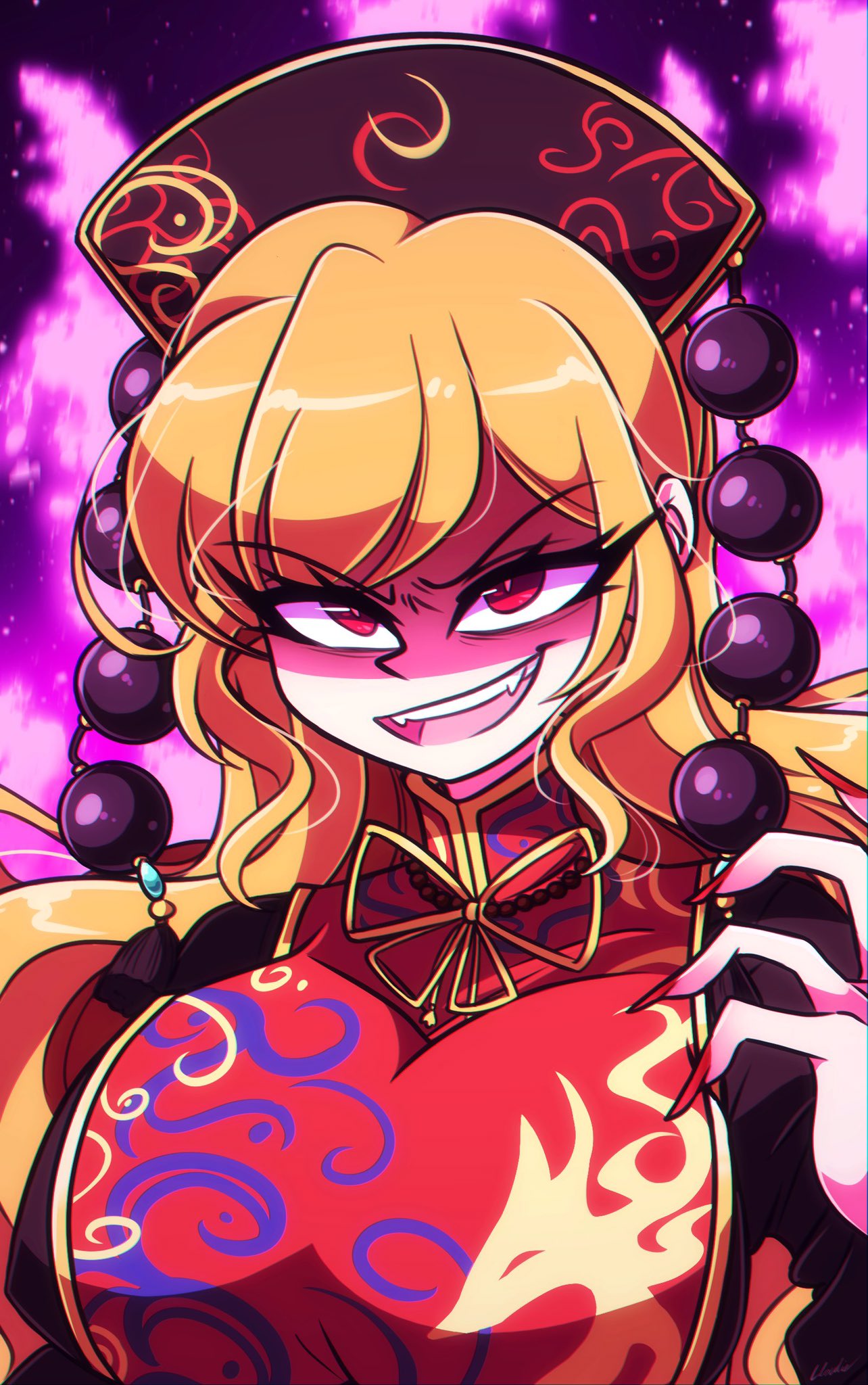 1girl aura bangs black_sleeves breasts chinese_clothes cropped_torso english_commentary eyebrows_visible_through_hair fangs fingernails fox_print fox_tail hair_between_eyes highres junko_(touhou) large_breasts littlecloudie long_hair long_sleeves multiple_tails open_mouth phoenix_crown red_eyes red_nails ribbon shaded_face sharp_fingernails solo tabard tail tassel touhou upper_body wide_sleeves yellow_neckwear yellow_ribbon