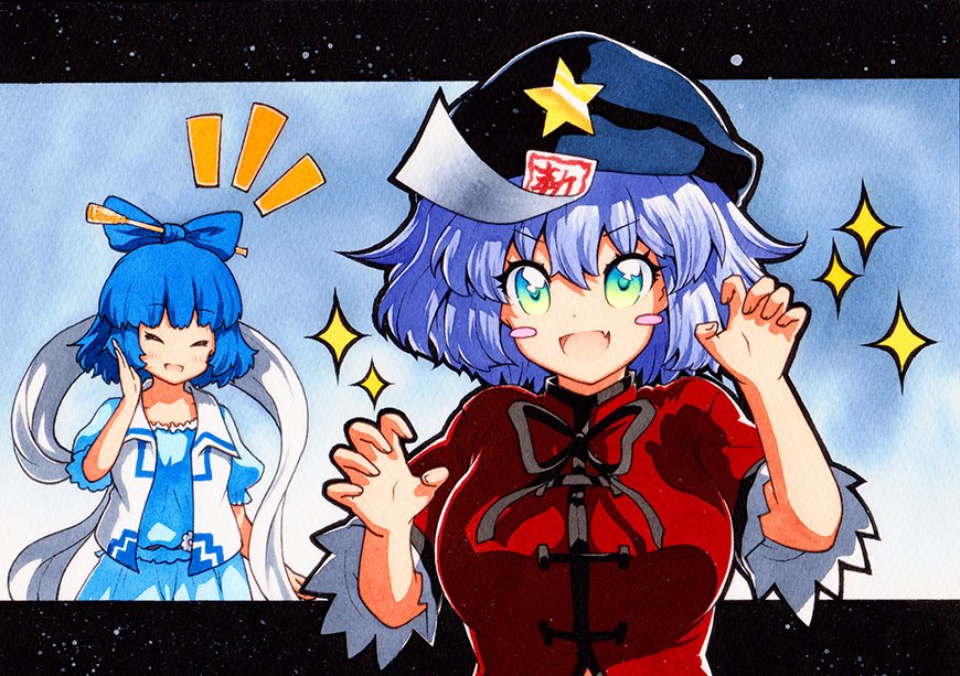 2girls aqua_dress black_footwear black_skirt blue_dress blue_hair breasts dress fangs hair_ornament hair_stick jiangshi kaku_seiga lace-trimmed_sleeves lace_trim medium_breasts medium_hair miyako_yoshika multiple_girls qqqrinkappp red_shirt shirt short_hair short_sleeves skirt touhou traditional_media wide_sleeves