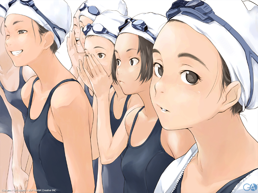 6+girls brown_eyes brown_hair face flat_chest forehead gafas gagraphic goggles goggles_on_head hands kamo multiple_girls one-piece_swimsuit open_mouth original school_swimsuit smile swim_cap swimsuit swimsuit wallpaper watermark wink
